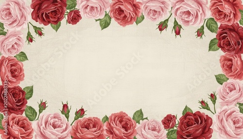 Pink and red rose border on pastel beige background. Copy space for text. Vintage floral mockup for wedding or anniversary invitation.