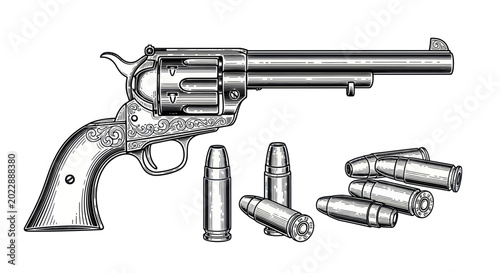 Canvas Print Vintage Revolver Pistol and Ammunition Illustration