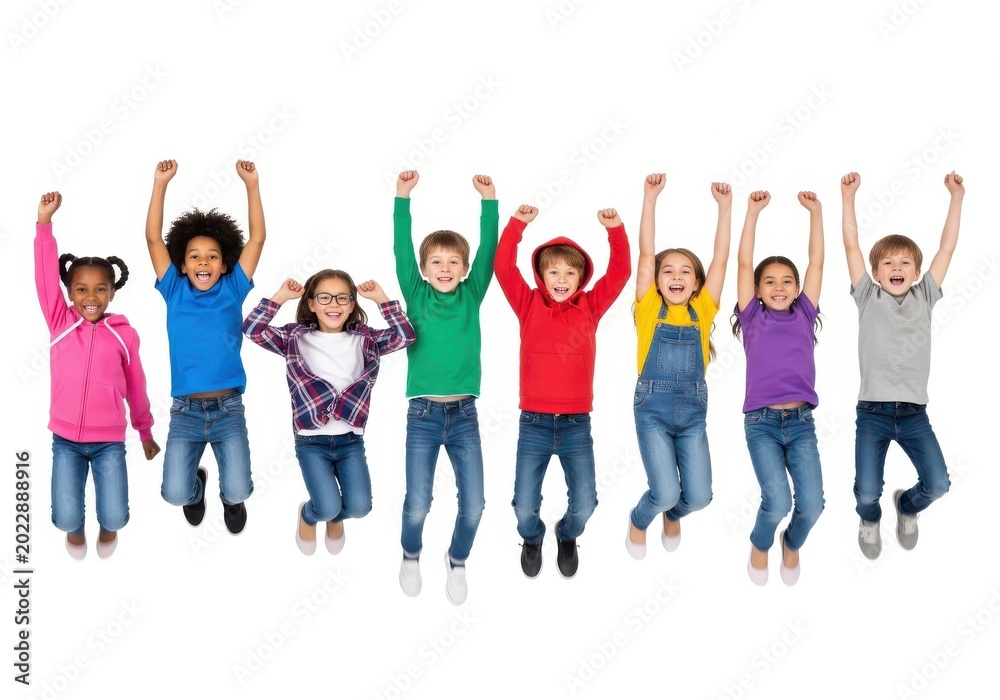 Fototapeta premium Group of Diverse Happy Children Jumping Together with Arms Raised Isolated on White Background
