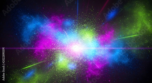 An abstract colorful blue background depicting a deep space nebula filled with glowing stars and a bright galaxy in the dark cosmos
