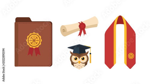 Collection of graduation elements including diploma, academic cap, owl, and stole, representing educational achievement and success.