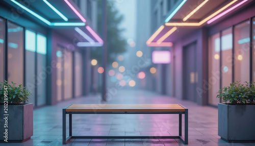 Neon lit city street at dusk empty.