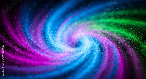 An abstract colorful fractal background features a swirling spiral galaxy texture with light and stars in deep blue and purple space