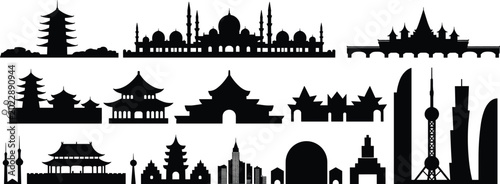 Tableau sur toile Asian landmark silhouettes, oriental architecture, pagoda, temple, mosque, shrin