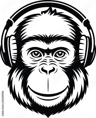 Photography Chimpanzee head wearing headphones, black and white monkey portrait, musical ape