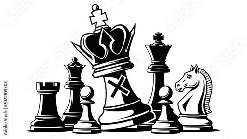 Tableau sur toile Black and White Chess Pieces Illustration with Falling King