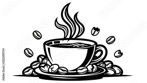 Photos Black and White Illustration of Steaming Hot Coffee Cup with Roasted Coffee Bean