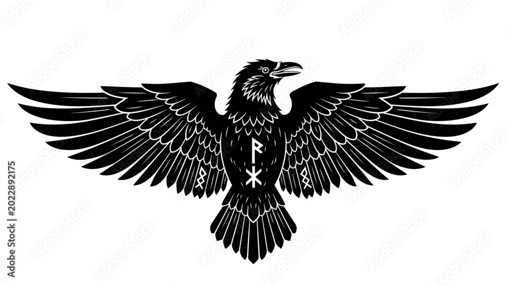 Fototapeta premium Nordic Raven Silhouette with Runes Symbol