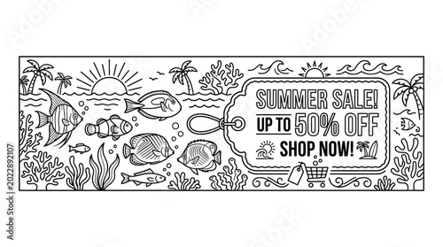 Photography Hand drawn summer sale banner with marine life and tropical elements