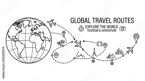 Photos Hand drawn travel map illustration with globe and flight routes.