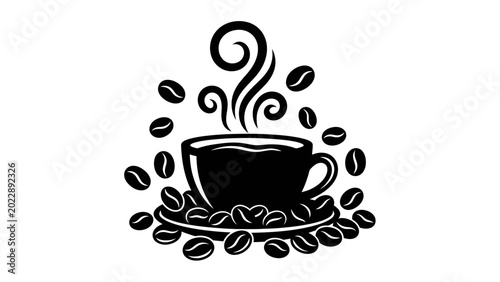 Tableau sur toile Black and White Coffee Cup Illustration with Floating Beans