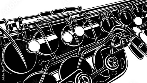 Картината върху платно High Contrast Black and White Illustration of Saxophone Keys and Mechanism