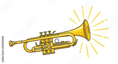 Schilderij op canvas Golden Trumpet with Sound Waves on White Background