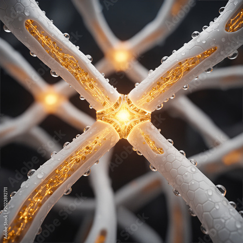 Futuristic Bio Organic Cybernetic Core with Luminous Energy Pathways and Microscopic Water Droplets