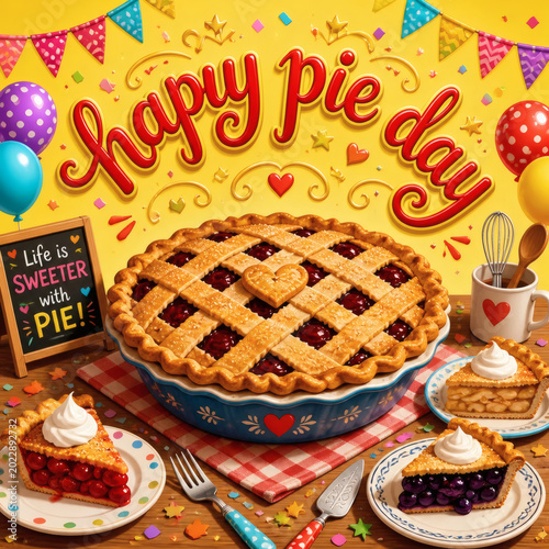 whimsical pie day celebration illustration festive pie with confetti and 3d text colorful stock art for social media bake sale party invitations bakery advertising and holiday marketing