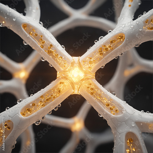Synthetic Mycelium Power Grid Node with Glowing Bio Energy Spores inside Translucent Conduit Close Up