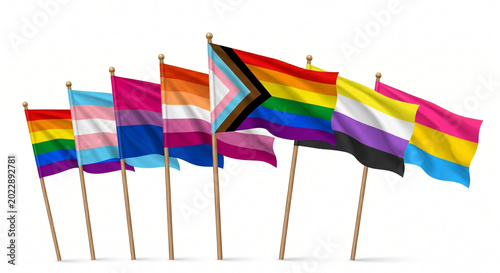 A collection of vibrant pride flags, including the rainbow, transgender, bisexual, pansexual, and non-binary flags, are proudly displayed on poles, symbolizing diversity and inclusivity.