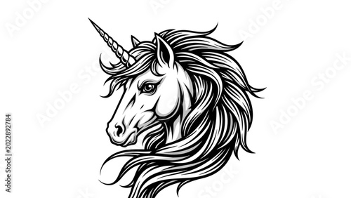 Konstfotografi Majestic Unicorn Head Illustration Black and White Line Art