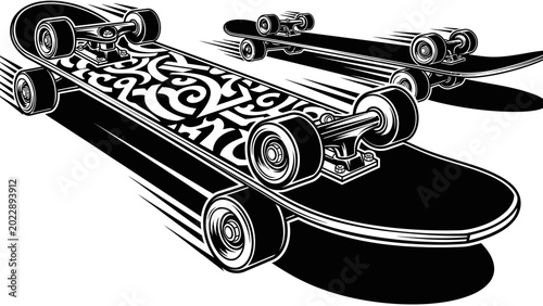 Bilde på lerret Black and White Graphic Illustration of Two Skateboards in Motion