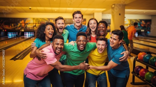A diverse group of friends joyfully posing and hugging at a bowling alley, celebrating a fun time together.
