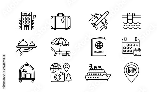 Quadro em tela Hotel and vacation outline icon set travel tourism and hospitality vector isolat