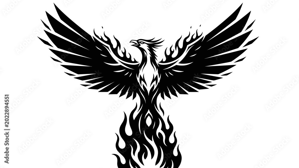 Fototapeta premium Black and White Phoenix Bird Rising from Flames Silhouette