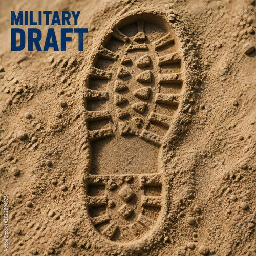 military draft boot footprint in sand dramatic top view with bold blue text coarse texture shallow depth of field patriotic enlistment concept earthy beige tones powerful selective focus strong call t