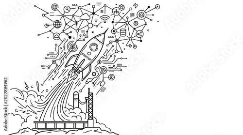 Line art illustration of a rocket launching with digital network icons.