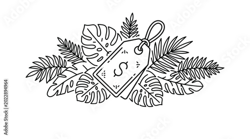 Line art illustration of a price tag surrounded by tropical monstera and palm leaves.