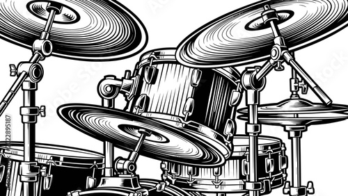 Fotografía Detailed Ink Sketch of a Drum Set Percussion Instrument