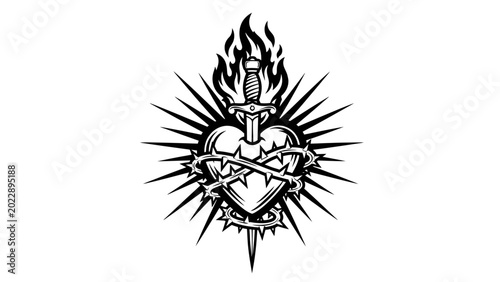 Canvas Print Sacred Heart with Crown of Thorns and Dagger Black and White Vector Illustration
