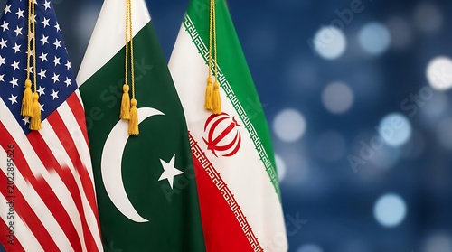 Flags of America, Pakistan, and Iran displayed side by side with golden tassels on a blurred blue background with white lights