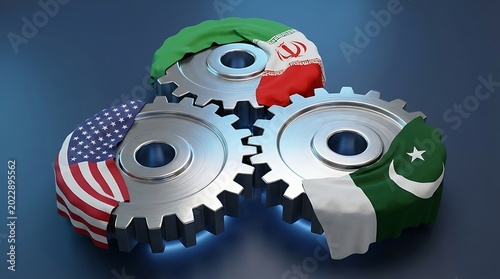Interlocking gears featuring the flags of the United States, China, and Pakistan symbolizing global partnership and cooperation in industry and technology.