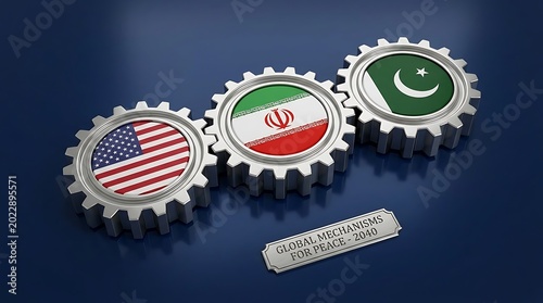 Flags of USA, Iran, and Pakistan on gear wheels symbolizing global diplomacy and international relations.