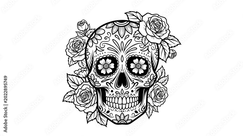 Fototapeta premium Sugar Skull with Roses Floral Decor Line Art Illustration