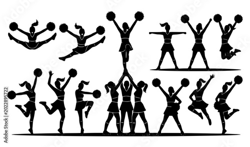 Obraz na plátně Cheerleader silhouettes vector collection with synchronized cheer dance and stad