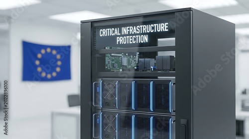 A large server cabinet with blue accents and critical infrastructure protection signage in a modern office with European flag