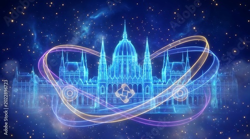 Vibrant illustration of a majestic palace with colorful glowing rings hovering in a starry night sky atmosphere.