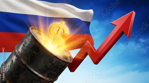 Russian flag waving behind a rising red arrow and oil barrel with glowing dollar sign.