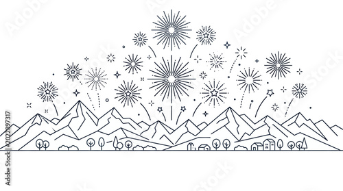 Minimalist line art illustration of fireworks over a mountain landscape.