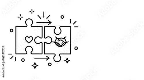 Minimalist line art illustration of puzzle pieces with heart and handshake symbols.