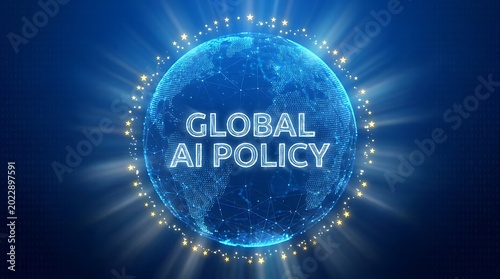 A futuristic illustration of the Earth with glowing lights represents global AI policy