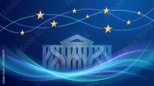 The grand illustration of a building with columns under a starry night sky with swirling lights