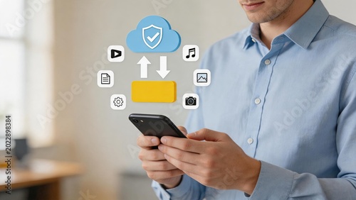 Person holding smartphone with cloud storage sync icon and multimedia files, mobile data backup and online file sharing technology concept