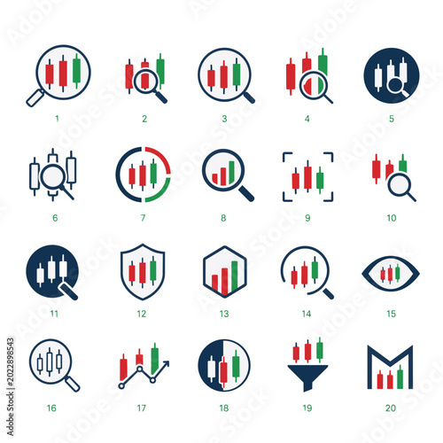 Stock Market Candlestick Chart Analysis Icons Set