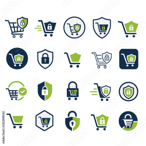 Secure Shopping Cart and Online Protection Vector Icons