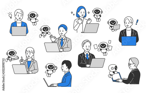AI･チャットボットで業務を効率化するビジネスパーソンのセット【人物ベクターイラスト素材】