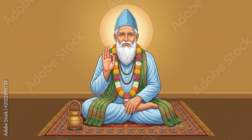 Saint kabir das seated in lotus position with floral garland and brass water pot on ornate rug sant kabirdas