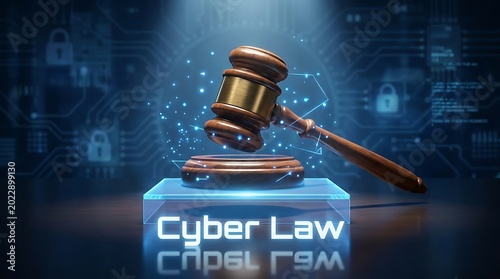 A gavel rests on a block with Cyber Law Code symbol, representing justice in a digital environment with technology and legal documents.