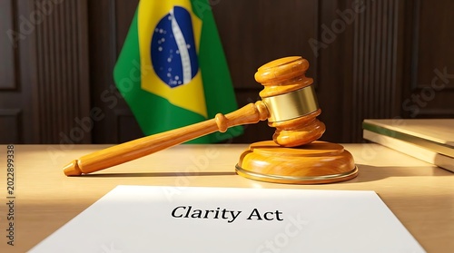 A gavel rests on a desk with a Clarity Act document and Brazilian flag in a courtroom setting with books nearby indoors.